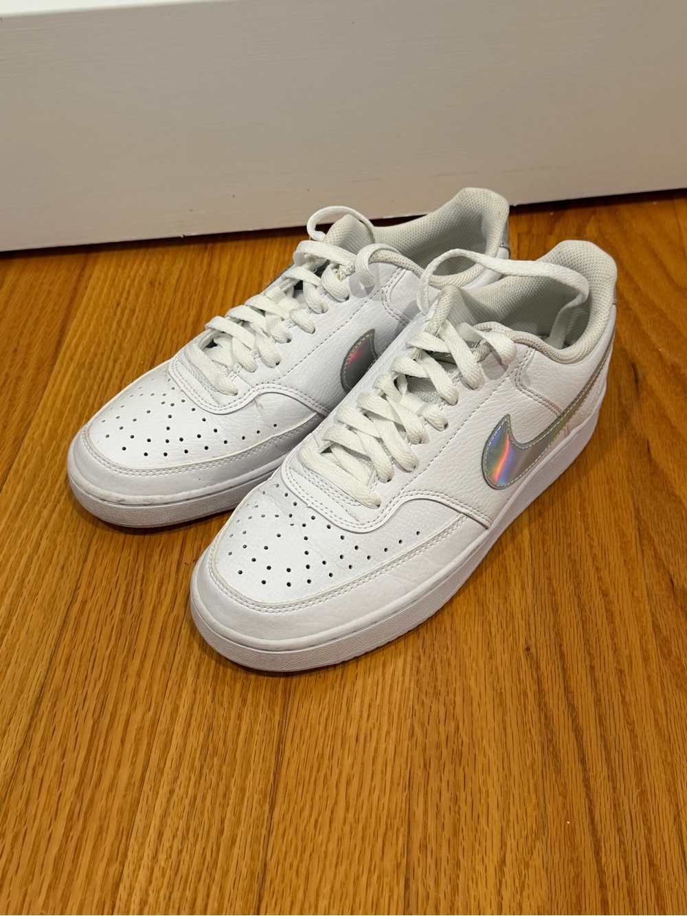 Nike White Low-Top Sneakers with Holographic Swoosh
